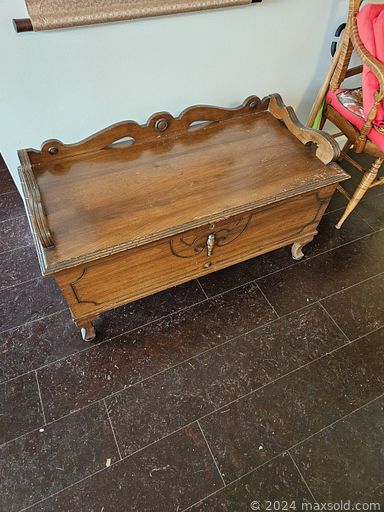 MaxSold Auction: This online auction includes books, end table, planter, sliding lounger, kitchenware, copper items, DVDs, duck storage box, pottery, mirror, lamp, rugs, metal shelf, wood servingware, desk, sofa, Art Nouveau bookcase and much more!