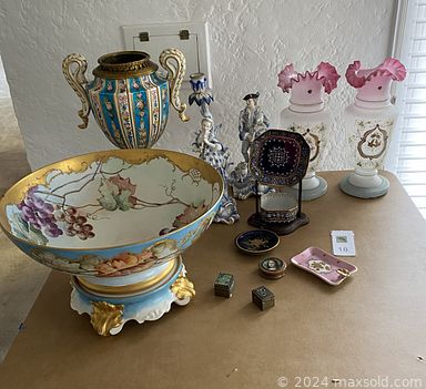 MaxSold Auction: This online auction includes furniture such as gilded chairs, Asian wood shrine, curio cabinet, Ekornes consul chair, media unit, round wood coffee table, side tables, Asian bedroom set, wicker chairs, dressers, Chinese room divider, wood file cabinet and others, linens, Asian lamps, vanity dresser items, throw pillows, needlepoint, Sango and other china, brassware, jewelry, TV trays, Weslo cardio machine, pottery and more!