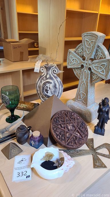 MaxSold Auction: This online auction features chalices, Wiccan items, pewtarex display plates, jade decor, bookends vintage games, cast iron cauldron pot, various figurine, celtic cross decor, forest themed decor, mortar & pestle, Egyptian items, various sculpture, mirrors, posters, doorknocker, wicket items and much more!