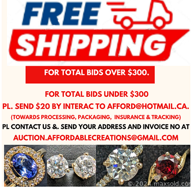 MaxSold Auction: This online auction includes jewelry such as 10k lab grown diamond rings, 14k lab grown diamond earrings, sterling silver pendants, tanzanite earrings, emerald bracelet, loose stones such as topaz, emerald, and more!n
