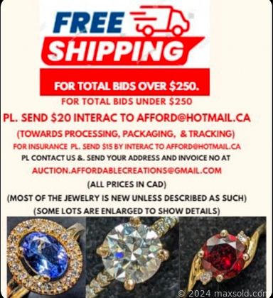 MaxSold Auction: This online auction features moissanite jewelry, gemstone jewelry, gold jewelry, silver jewelry, coins, ring boxes, jeweler’s loupes, and loose gemstones such as emeralds, peridot, opals, garnets, amethysts, carved opals, peridots, and much, much, more!!!