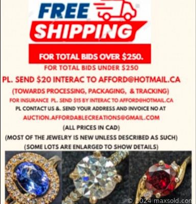 MaxSold Auction: This online auction features gemstone jewelry, gold jewelry, silver jewelry, jewelry findings, ring boxes, jeweler’s loupes, coin, parfum, and loose gemstones such as sapphires, moissanite, moonstones, agate, garnets, peridots, opals, citrines, emeralds, amethyst, and much, much, more!!