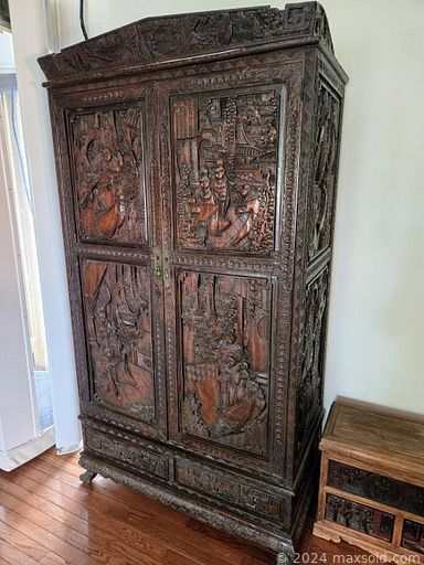 MaxSold Auction: This online auction includes furniture such as an MCM bookcase, apothecary cabinet, Gallinera style bench, rocking chair, side table, Queen Anne writing desk, Broyhill style bedframe, sideboard, mahogany chairs, ironwood altar table and others, kitchenware, small kitchen appliances, Royal Vale, Aysnley, Grafton and other china, jewelry, accessories, Coromandel screen, decor, garden tools, pottery, apothecary bottles, wall art, baskets, lamps, mirror, seasonal decor, vintage games, tools, Thai spirit house and many more!