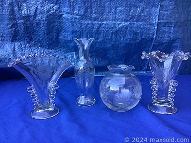 MaxSold Auction: This online auction features an antique Bonnet chest, dresser with mirror, tea wagon, vintage teacups, Cornflower stemware, Daffodil China set, table lamp, antique glass, wooden crate, vintage pottery and much more!