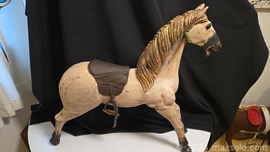 MaxSold Auction: This online auction features antique rocking horses, Thai spirit house, decanter, antique toys, Harmony Kingdom figurines, wood carvings, antique metal miniatures, antique clay marbles, vintage eyeglasses, stamps, antique books, art pottery, Uranium glass, costume jewelry, tin lanterns, Tiffany-style lamp, Fenton glas, tin toy, soapstonde carving, stoneware jugs, Gnome collection, teacup/saucer sets, antique mandolin, and much, much, more!!!