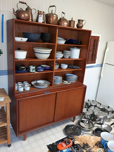 MaxSold Auction: This online auction features furniture such as a vintage leather wingback chair, dining table, MCM cabinets, hutch, chairs, side tables, bookcases, vintage trunk, Ethan Allen sofa, Pennsylvania House china cabinet, shelving units, Adirondack chairs and more, Barbecue grill, woodworking tools, hardware, vintage irons, silverplate, wall art, clothing, Corelle, Dansk dishware, sterling, lamps, office supplies, electronics and much more!