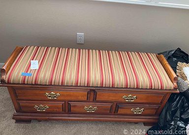 MaxSold Auction: This online auction features various items such as a dining set, bar stool, silver plate, nightstand, vintage bench, lamps, dresser, queen bed, armoire, wall decor, electric griddle, cookbooks, assorted decor, thermal laminator, humidifier, desk, kitchen appliances, executive chair, corning ware, cookware, cleaning supplies, ottoman, hope chest, patio furniture, umbrella, planters and much more.