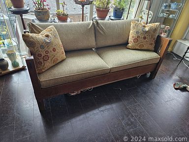 MaxSold Auction: This online auction includes books, end table, planter, sliding lounger, kitchenware, copper items, DVDs, duck storage box, pottery, mirror, lamp, rugs, metal shelf, wood servingware, desk, sofa, Art Nouveau bookcase and much more!