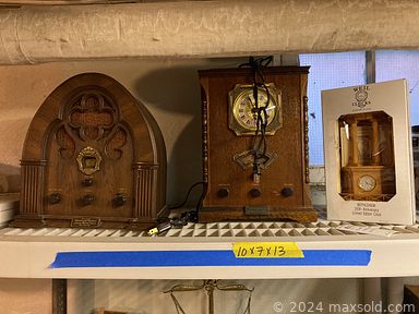 MaxSold Auction: This online auction features power tools such as a Ryobi log splitter, pneumatic tools, Craftsman radial saw and others, hand tools, hardware, Stablemate stand, tool chest, wood, clamps, ladders, small kitchen appliances, trains, Christmas decor, vintage cabinet, glassware, boat motors, home maintenance supplies, gas water heater, Haviland china, accordion, vintage style airplane gauges, fishing reels, radio and clocks, Kenwood stereo system, oil lamps, surveying tools, metal utility cabinets and much more!