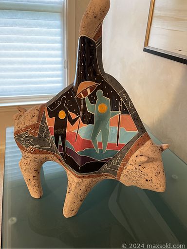 MaxSold Auction: This online auction features signed Queen headboard, bedding, Oil on canvas, abstract original art, prints, nightstand, chest, ottoman, bakeware, framed art, tables, lamps, decor,   large horse sculpture, fireplace tools, electronics, barometer, art glass items, barware, cookware, Pfaltzgraff dinner set, wine cooler, bar refrigerator, silver plate serving items, 	sterling silver creamer & sugar, kitchen appliances, kitchen items, armchair, garden tools, cleaning supplies, cutlery, clarinet, glassware, hedge trimmer, antique cash register, sentry safe and much much more.