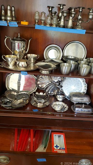 MaxSold Auction: This online auction features: Silver Plate, Pewter, Candles, Dehumidifier, Lamp, Boxes, Foot Stool, Butcher Block Cabinet, Ethan Allen Sofa, Cabinet, Zenith Tube Tv and much more!