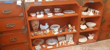 MaxSold Auction: This online auction features furniture such as a vintage dresser, Thomasville cabinets, Midcentury cabinets, wood inlay dining table, bedframe, patio table, stool with mirror and others, china, small appliances, books, kitchenware, Spode, Nippon, sterling silver, jewelry, signed art, brass figures, vintage scale, wall art, metalware, lamps, Limoges, books, Nikon camera, Charbroil grill, linens and much more!