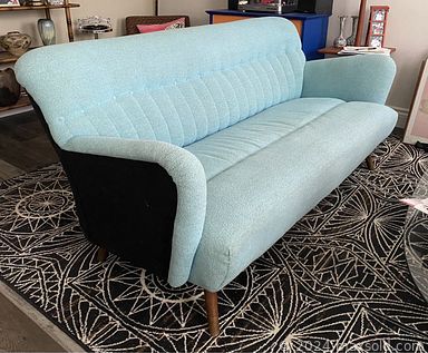 MaxSold Auction: This online auction features a vintage sofa, vintage media cabinet, vintage adjustable side table, vintage dresser with mirror, vintage bamboo rattan shelf, vintage floor lamp and much more!