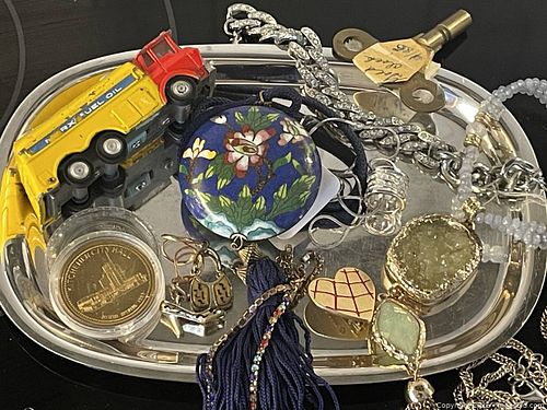 SIGNED JEWELRY, CLOISONNÉ NECKLACE, COINS ETC ALL ON A SMALL SILVER PARFUMERIE  TRAY (1 of 7)