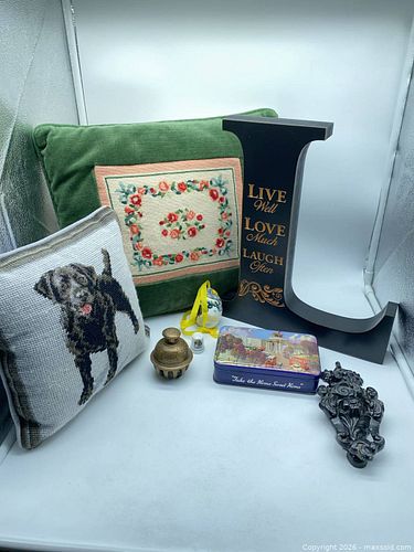 2 Needlepoint Pillows, Cast Iron Knocker, Brass Claw Clapper, Blue Bird Tin. L Wall Sign (1 of 24)