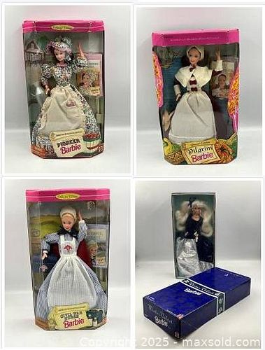 boxed Barbie dolls: Pioneer, Pilgrim, Civil War Nurse, Winter