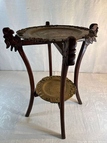 Chinese 2 tier Brass and wood folding dragon table.  (1 of 12)