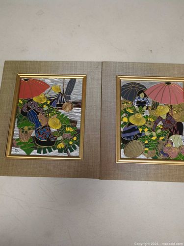 2 Asian Themed Carved Paintings on Board signed Yai 77 (1 of 12)