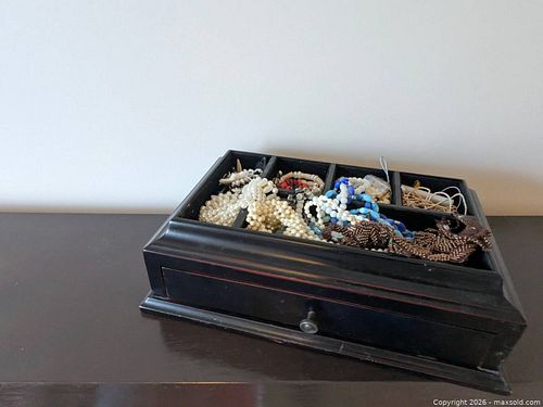 Costume Jewelry Lot #1 - Wood and Metal Jewelry Box with Costume Jewelry (1 of 5)
