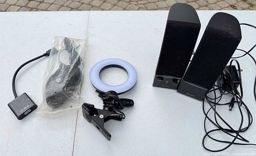 Mixed Computer Accessories: Speakers, Ring Light, Mouse, Adapter (1 of 4)