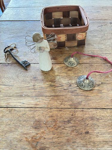 Decorative angel figurine, woven basket, key & tingsha cymbals lot (1 of 6)