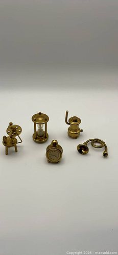 Miniature Brass. Spinning Wheel, Trumpet, Hourglass, Clock, Wood Stove (1 of 2)