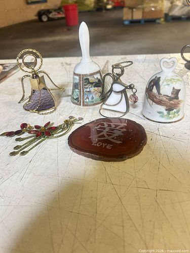 Mixed Small Collectibles: Decorative Bells, Glass Angels, Agate Coaster (1 of 9)