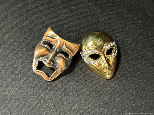 Pair of Vintage Drama Mask Brooches – Comedy & Tragedy Motif (1 of 11)