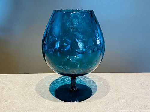 Vintage Italian Empoli Blue Glass Pedestal Vase – Diamond Optic w/ Wavy Rim (1 of 7)
