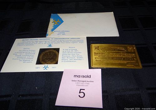 British Columbia Centennial 1971 Medallion & 50 Year Bricklayers, Masons and Plasterers Intl. Union Member card (1 of 3)