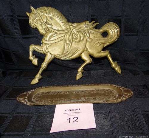 Lot of Vintage Mid-Century Brass Horse Plaque and Tray (1 of 3)