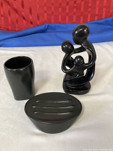 Home Decor, Black Stone Figurine Mother & 2 Children 8 1/2", Cup and Soap Dish, 3 Pcs (1 of 8)
