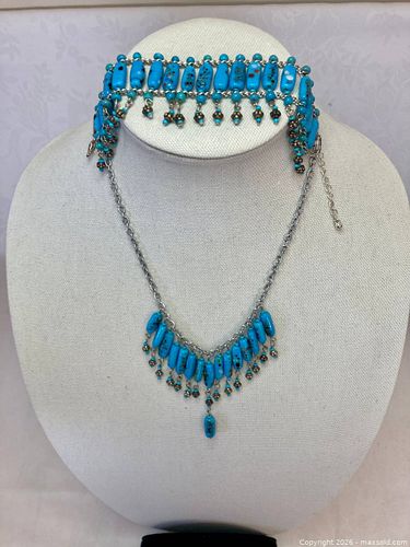 Turquoise Glass Beads Necklace & Bracelet set (Handcrafted) (1 of 6)