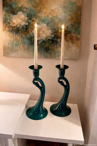 pair of sculptural teal ceramic candlesticks (1 of 3)