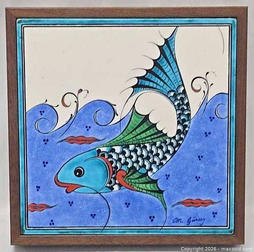 Framed Iznik-Style Ceramic Tile with Fish Motif (1 of 14)