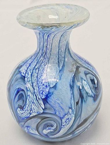 Handblown Blue & White Swirled Art Glass Vase, Signed (1 of 14)