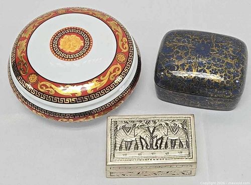 Lot of 3 Decorative Trinket Boxes — Porcelain, Lacquer, Bronze (1 of 15)