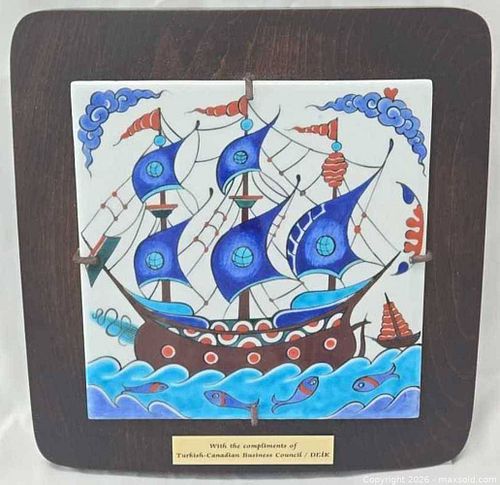 Turkish Porcelain Decorative Tile with Blue Sailing Ship (1 of 14)