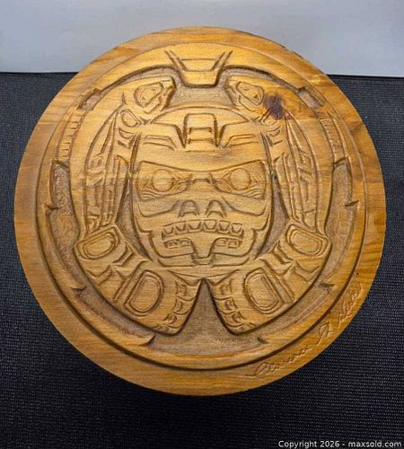 Carved Wood drum box, Northwest Coast Style, Signed Clarence S. Wells (1 of 18)
