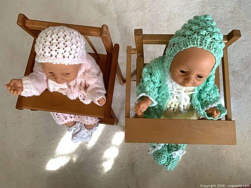 Pair of Medium Baby Dolls with Wooden High Chairs (1 of 23)