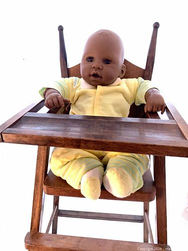 Vintage Wooden High Chair with Baby Doll in Outfit (1 of 20)