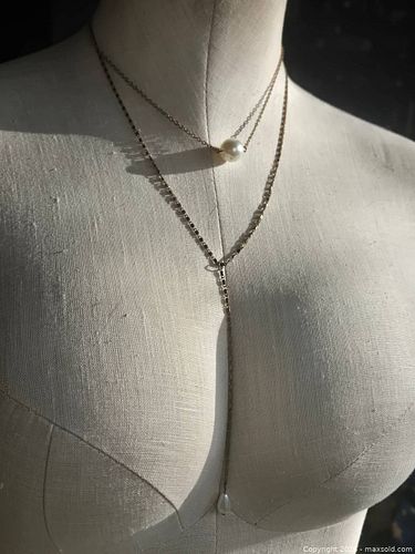 Jewelry.   2 layer gold tone chain with 2 pearls (1 of 3)
