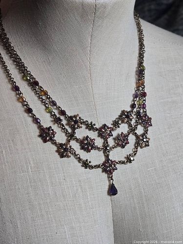 Jewelry.  Bib style/  gothic floral and bejeweled necklace with hanging purple pendant stone (1 of 10)