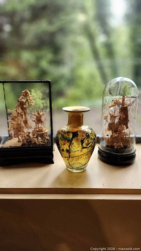 3pc Vintage East Asian Art Collection: Hand-carved  Cork Diorama and Art Glass  (1 of 12)
