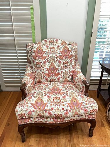 Cream and Pink Fabric Armchair with Wood Legs (signs of mold) (1 of 10)