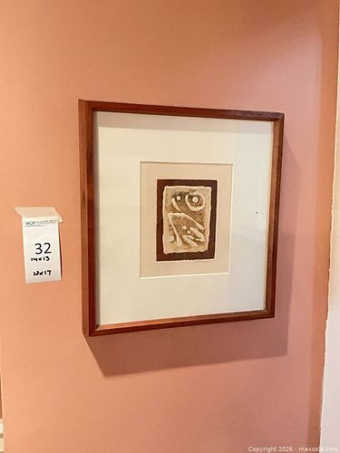 Pair of Signed Mixed-Media Framed Artwork in Cherry Wood (1 of 5)