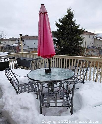 Outdoor Glass Top Patio Table with Lazy Susan , 4 Chairs, Umbrella with Umbrella Base and Storage Box A (1 of 6)