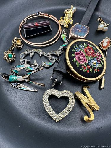 Mixed Jewelry Lot: Brooches, Earrings, Watch & Bracelet (1 of 3)