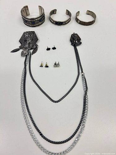 Mixed Metal Egyptian Motif Jewelry Set — Necklace, 3 Cuffs, 3 Earrings (1 of 4)