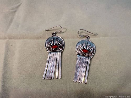 Dangly silver earrings with red stone (1 of 4)